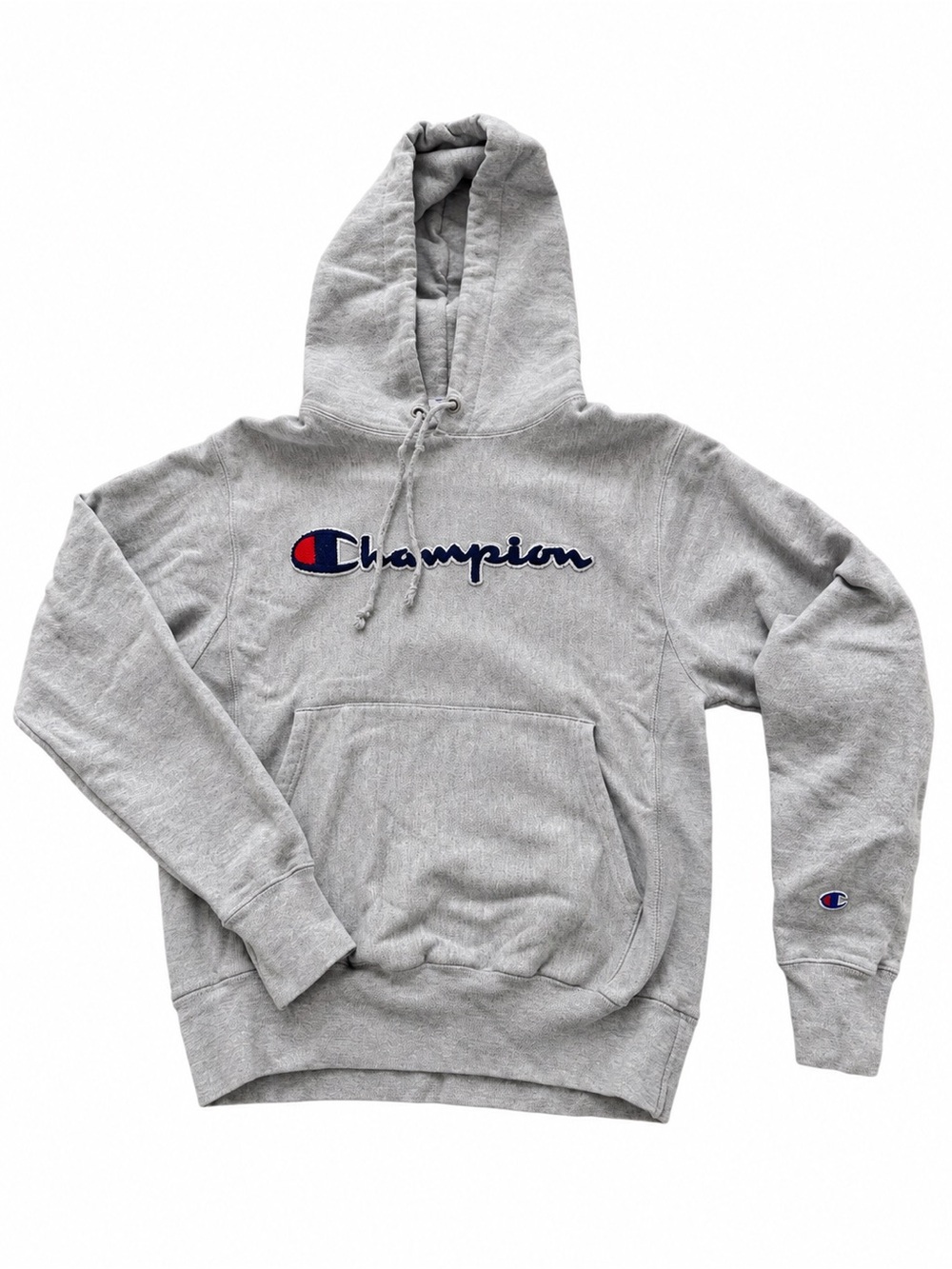 Champion Gray Hoodie with Navy & Red Logo